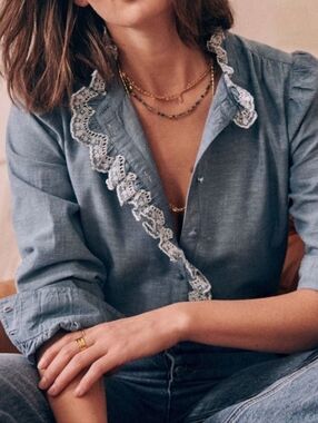 Sezane Chlo Shirt in Chambray Blue, Size 2, Embroidery Trim, French Romantic